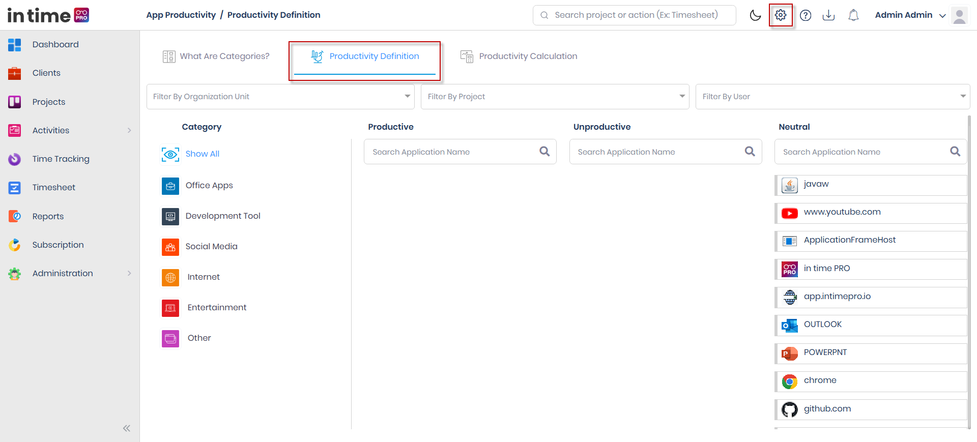 Productivity Definition tab with the Organization Unit/Project/User filters and the Productive, Unproductive, and Neutral buckets with Move To